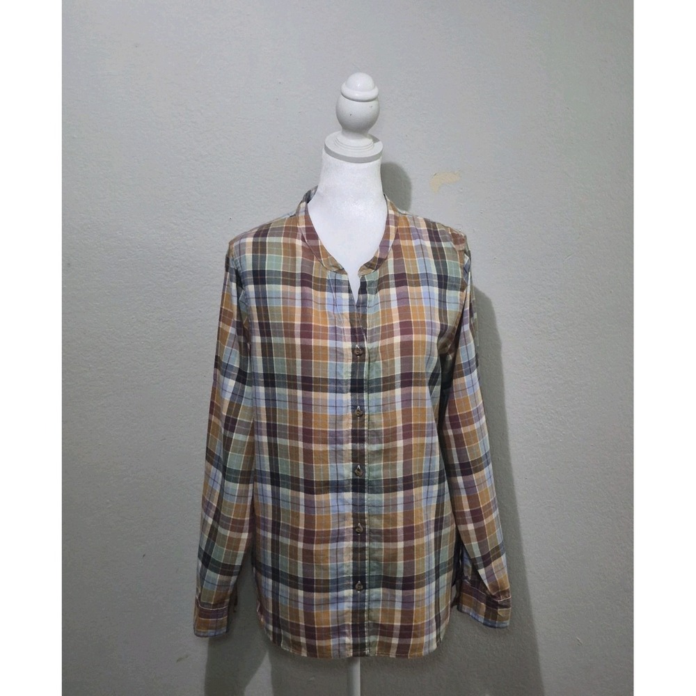 LL Bean Shirt Womens Medium Cabin Flannel Button Down Multicolor Organic Cotton